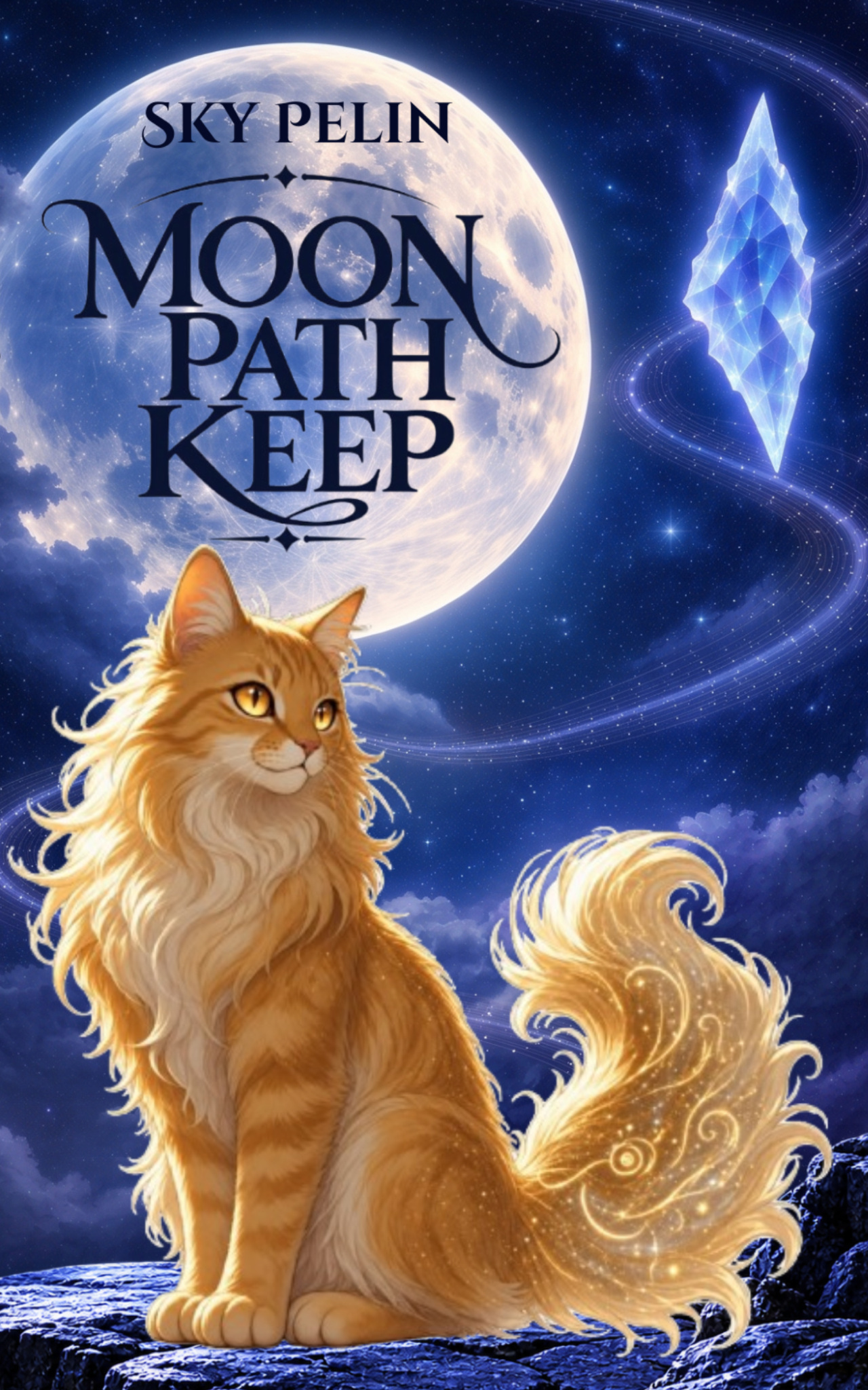 Moon Path Keep by Sky Pelin cover, featuring Aura, a luminous moon, and a floating blue crystal shard